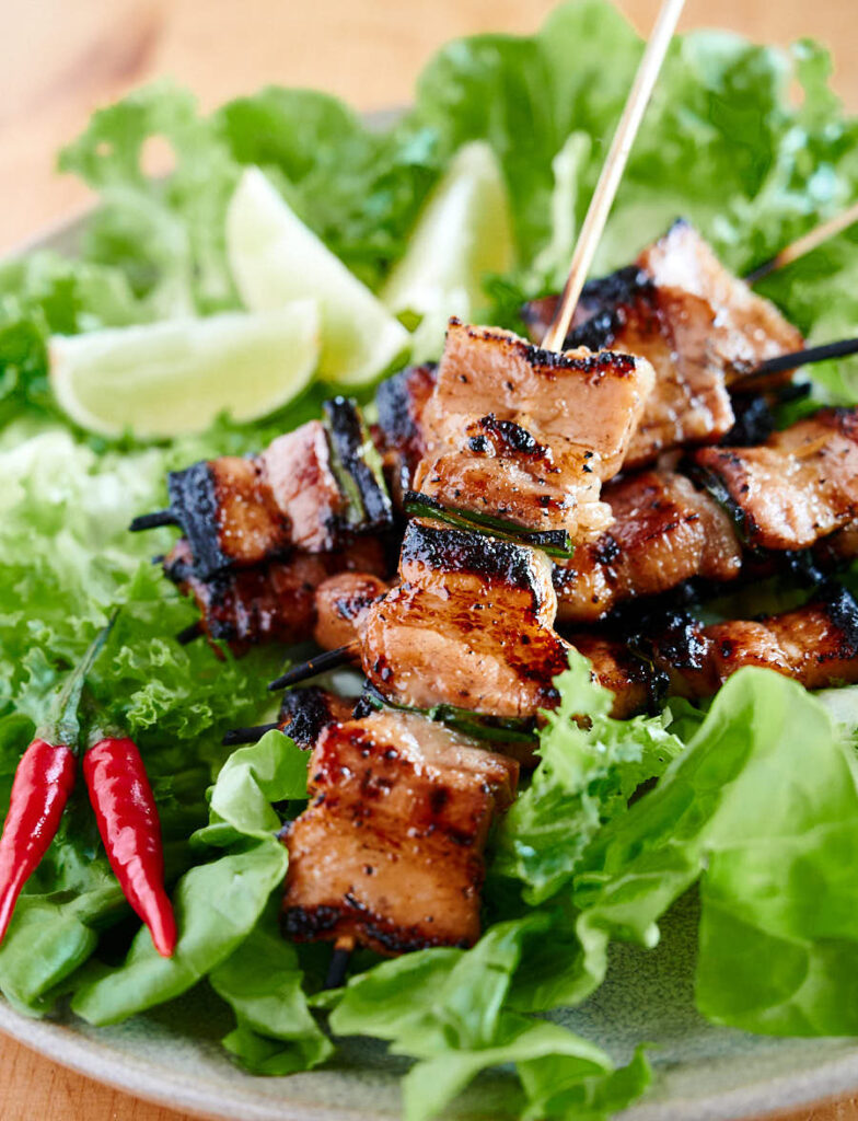 Skewered pork belly teriyaki