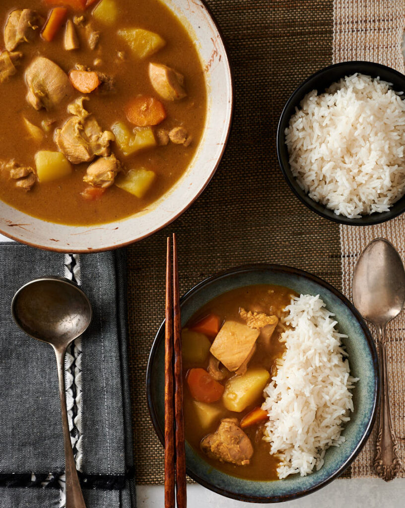 Bowl of Japanese chicken curry with rice from above.