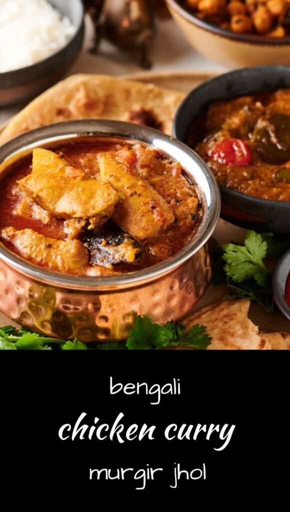 Murgir jhol is Bengali home cooking. Chicken and potatoes in a deliciously spiced chicken curry.