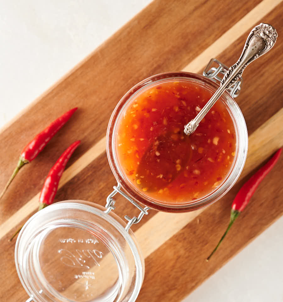 Thai sweet chili sauce in a mason jar from above.