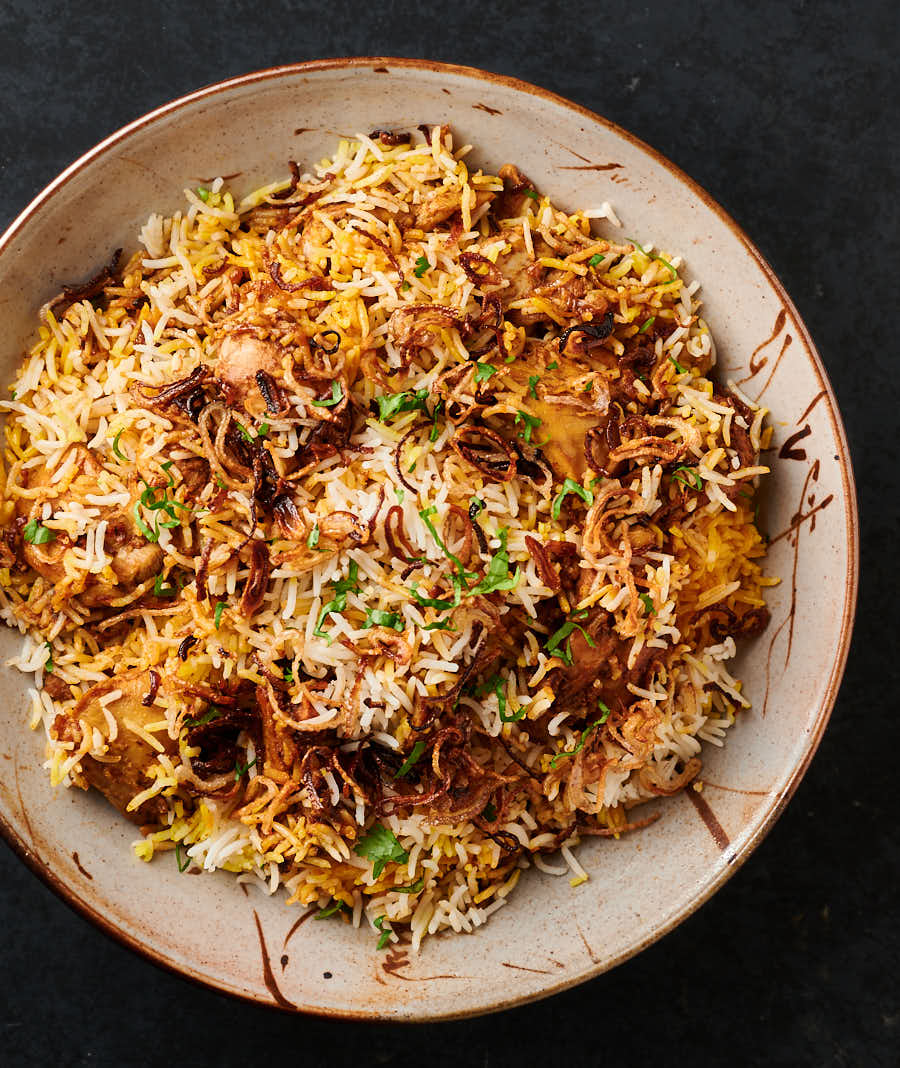 Bowl of chicken biryani from above.