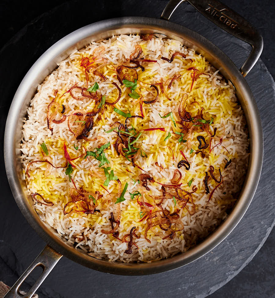 Chicken biryani straight out of the oven in the pot from above.