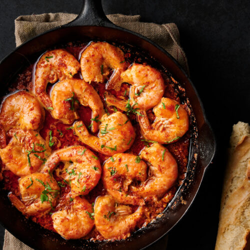 Korean bbq shrimp in a cast iron pan from above.