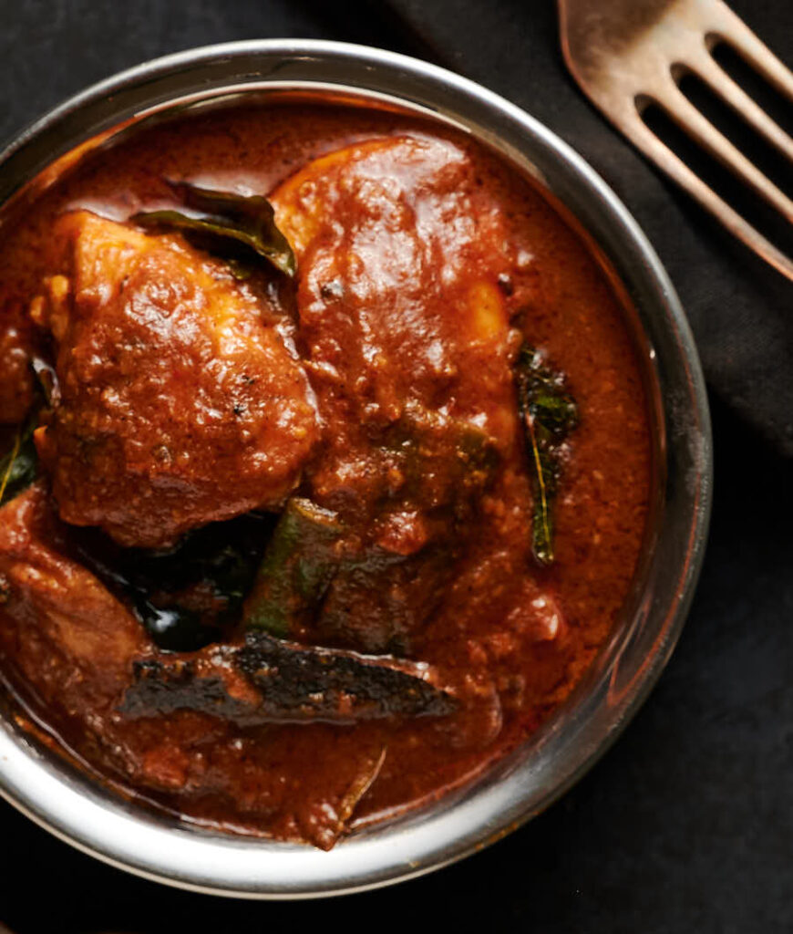 Close up of Ceylon chicken curry from above.