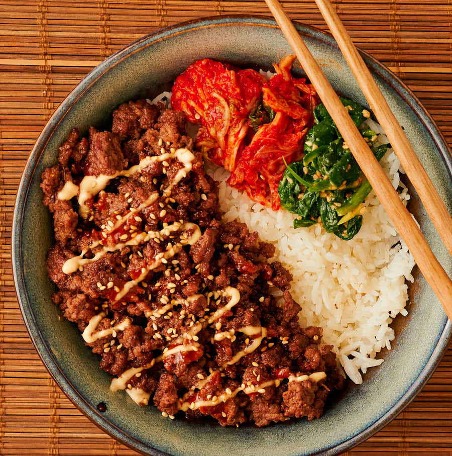 Korean beef bowl with chopsticks from above.