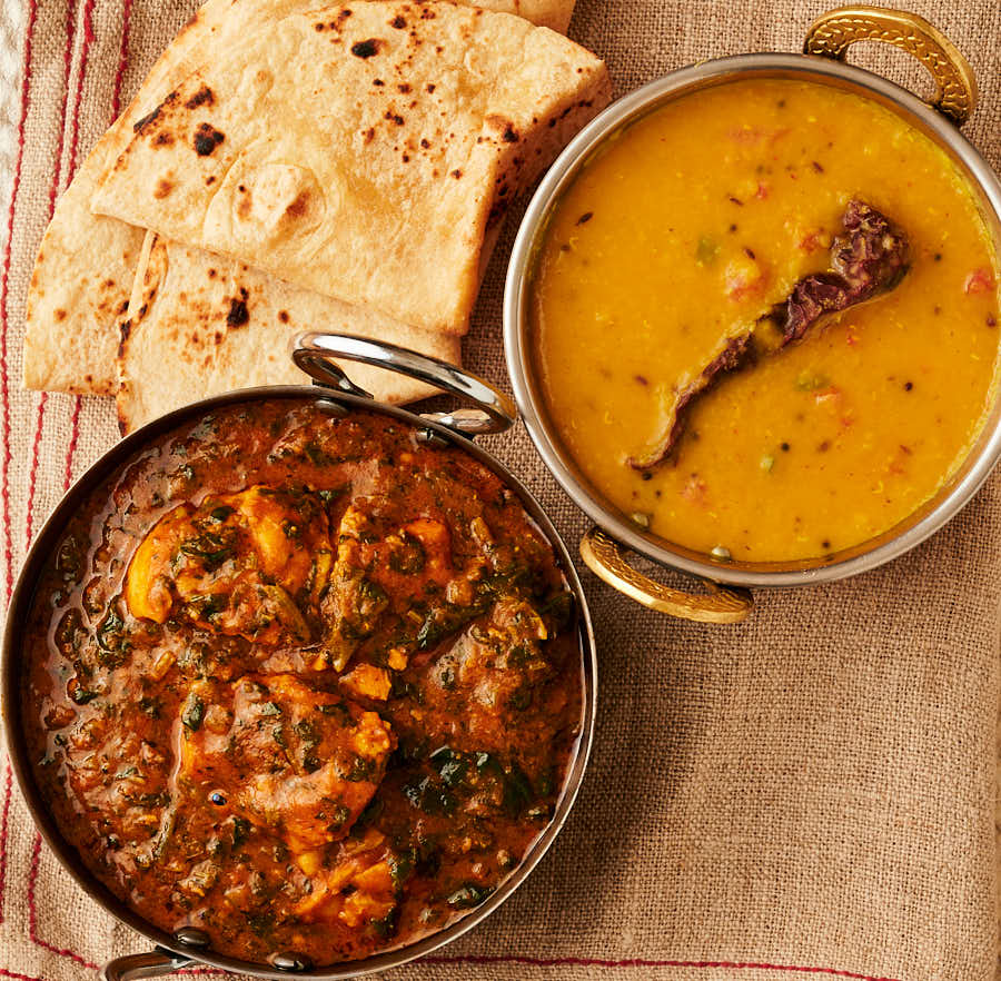 Palak chicken, tarka dal and chapatis from above.