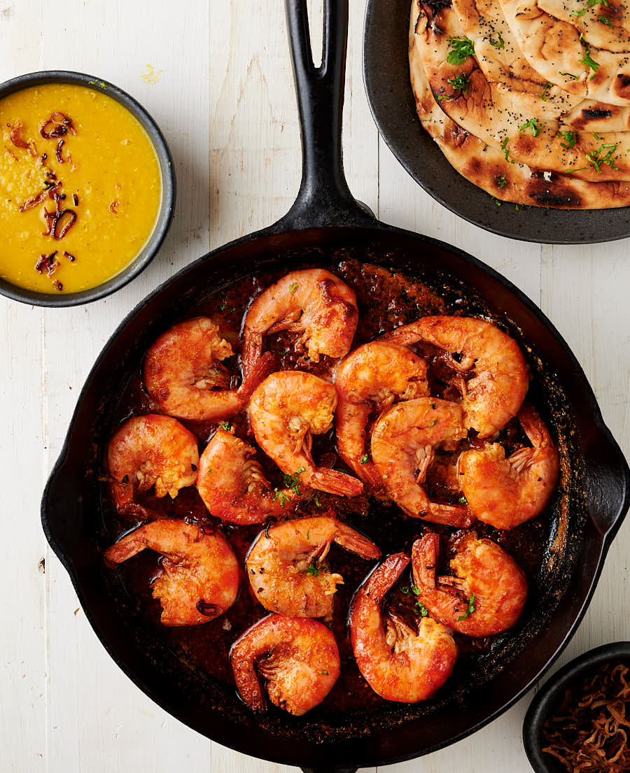 tandoori prawns with dal and naan from above