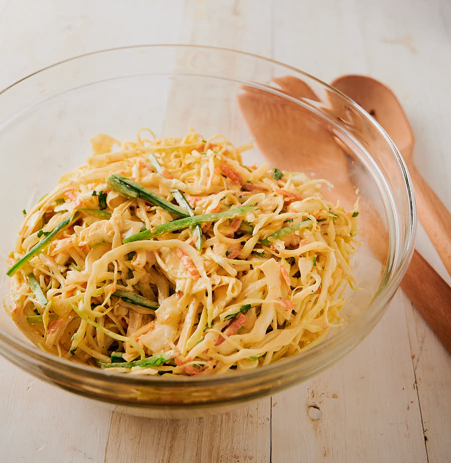 Indian coleslaw in a bowl from the front.