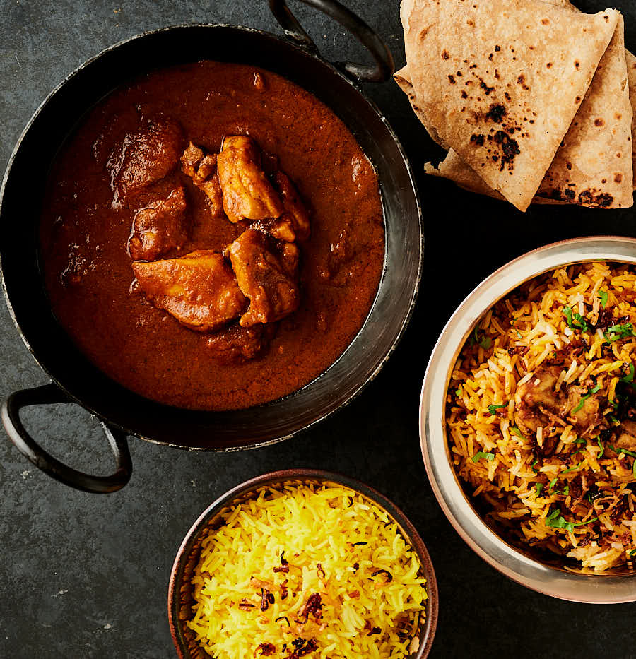 Chicken pathia, rice and chapatis from above.