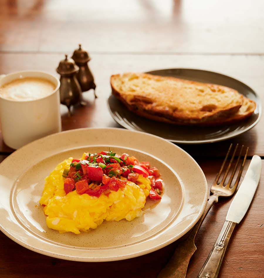 Ekoori, toast and cappuccino from the front