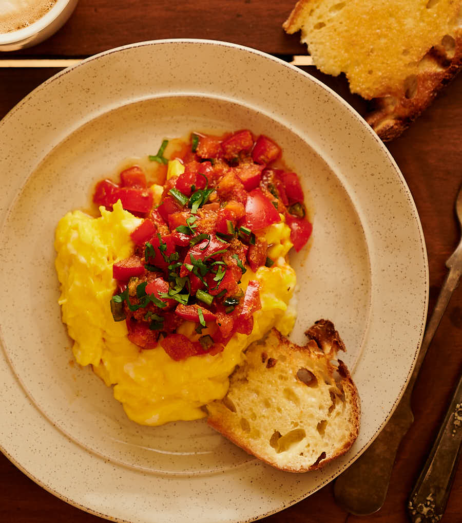 ekoori with a crust of sourdough bread from above.