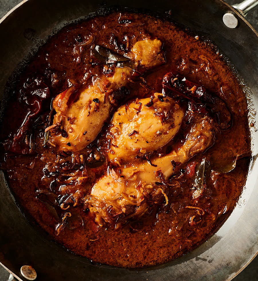 Chettinad chicken curry closeup from above