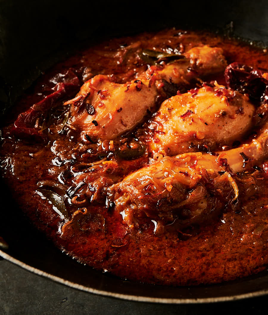 Closeup of chettinad chicken curry from the front