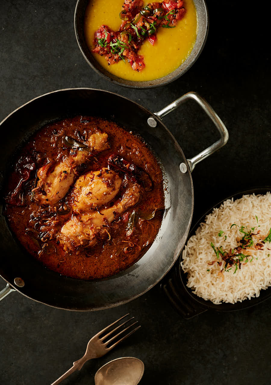 Chettinad chicken curry table scene from above