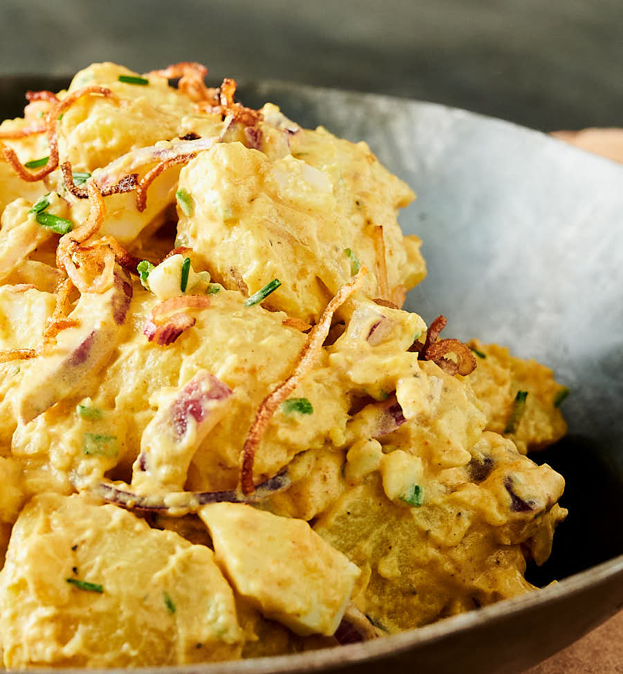 Curried potato salad closeup from the front.