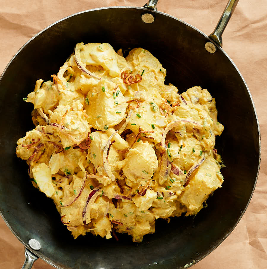 Bowl of curried potato salad from above.