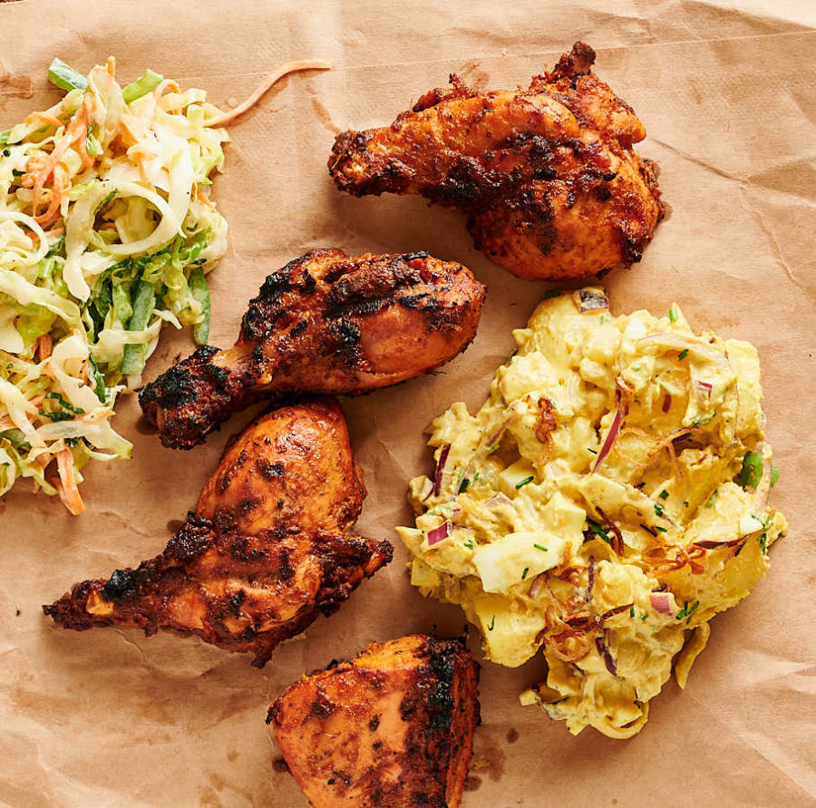 Tandoori chicken, curried potato salad and Indianish coleslaw from above.