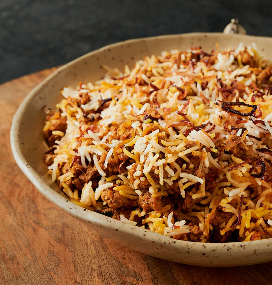 bowl of keema rice from the front