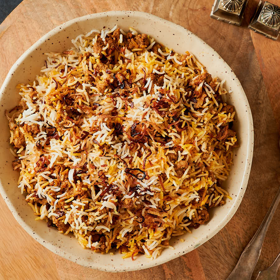 keema rice in a bowl from above