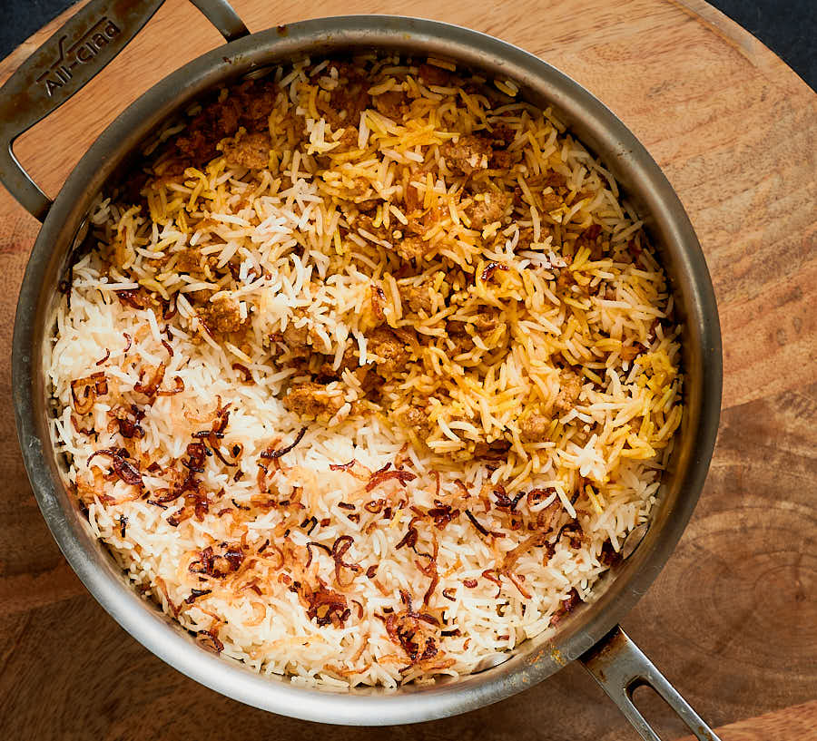 keema rice in the pot from above