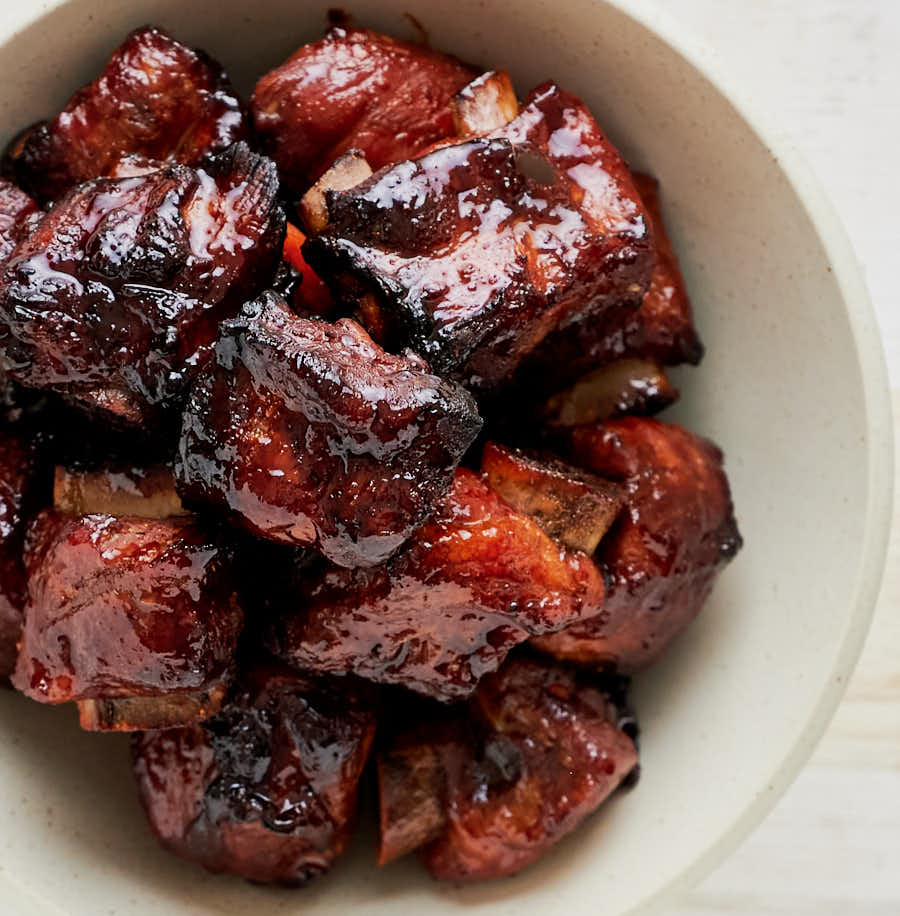 Bowl of Chinese sticky pork ribs from above