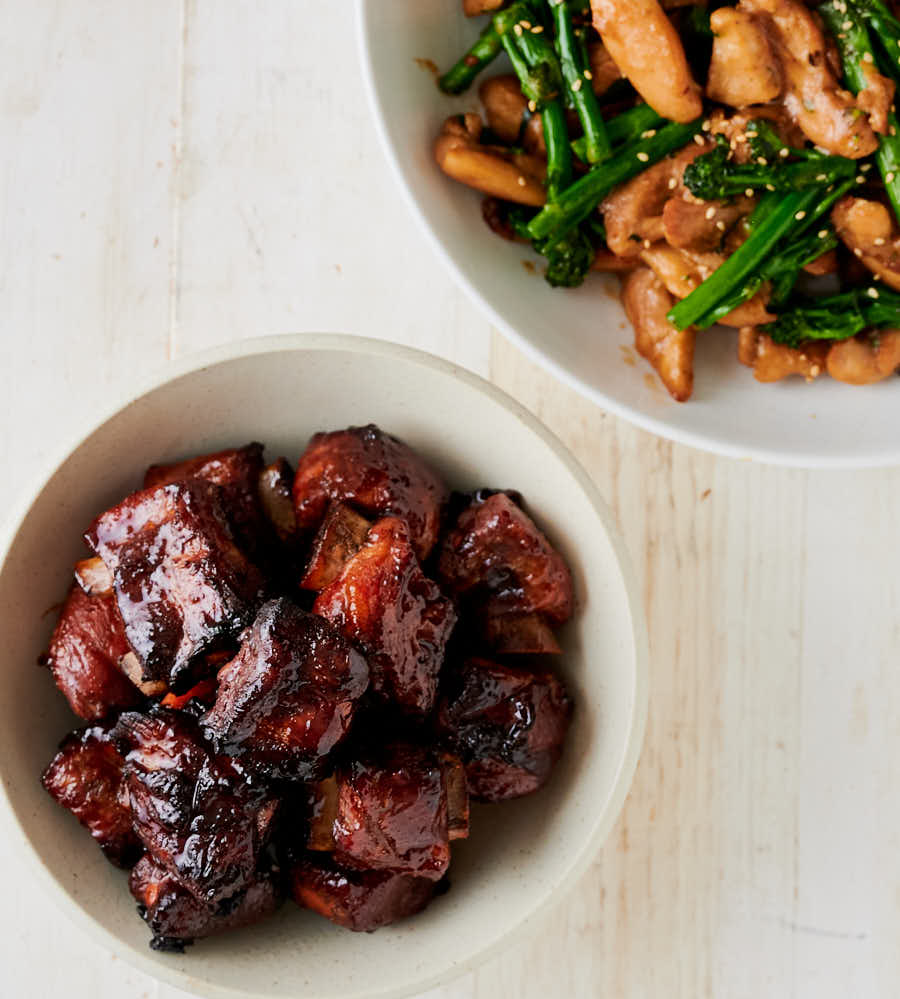 Char siu ribs table scene from above.