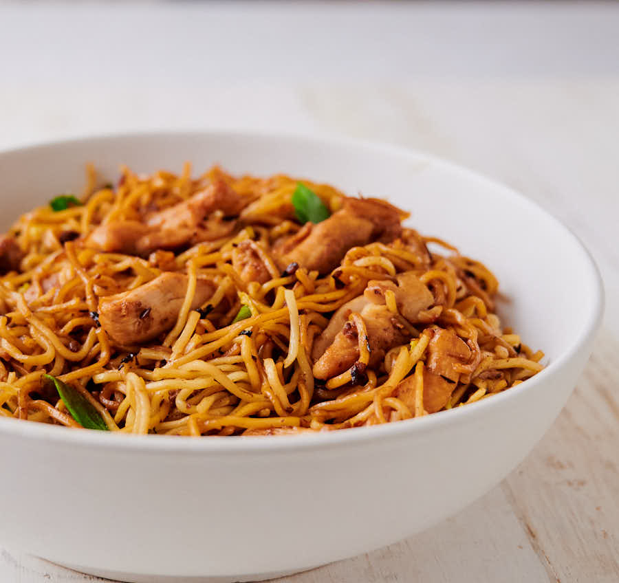 Bowl of chicken chow mein from the front