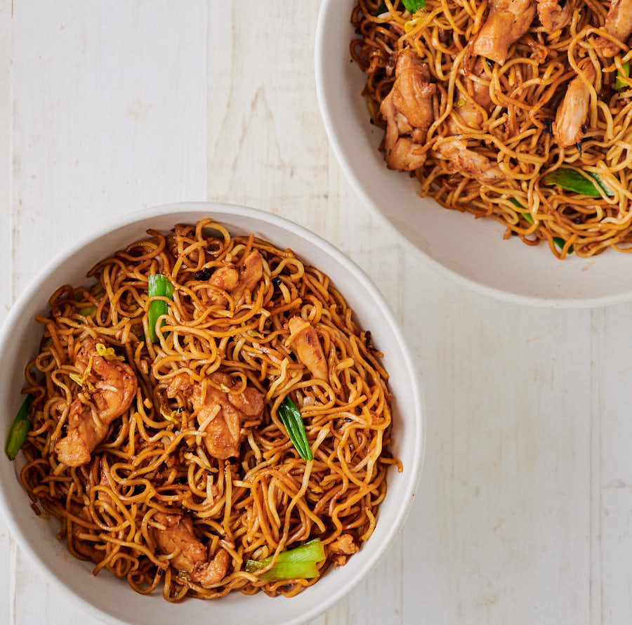 chicken chow mein with blackens table scene from above
