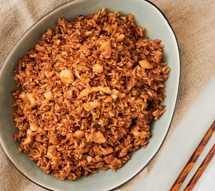 Bowl of chicken fried rice from above.