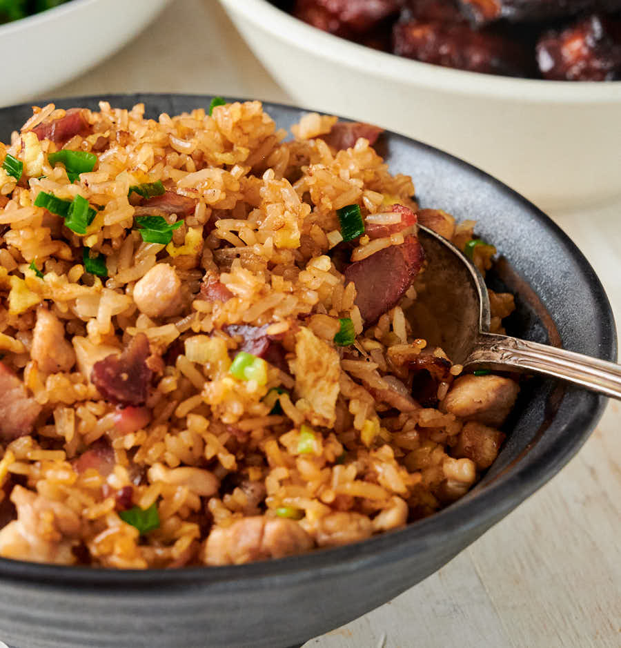 Closeup of special fried rice with a serving spoon