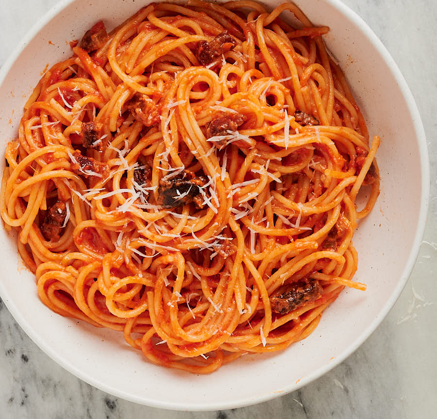 bowl of spaghetti all'amatriciana from above