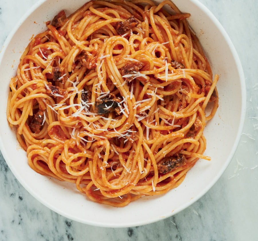 bowl of spaghetti all'amatriciana from above