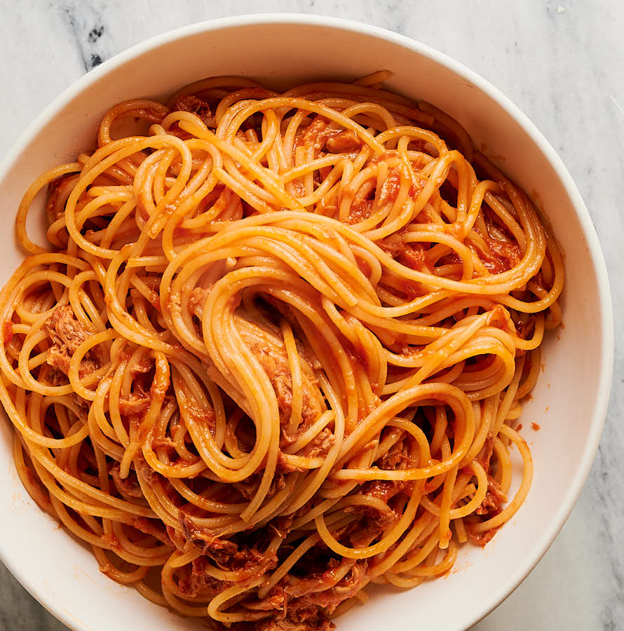 bowl of spaghetti with pork ragu from above