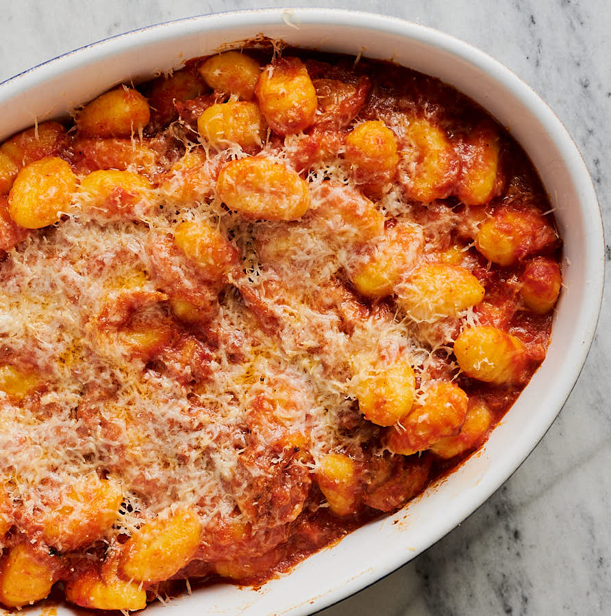 baked gnocchi with pork ragu and parmigiano reggiano from above